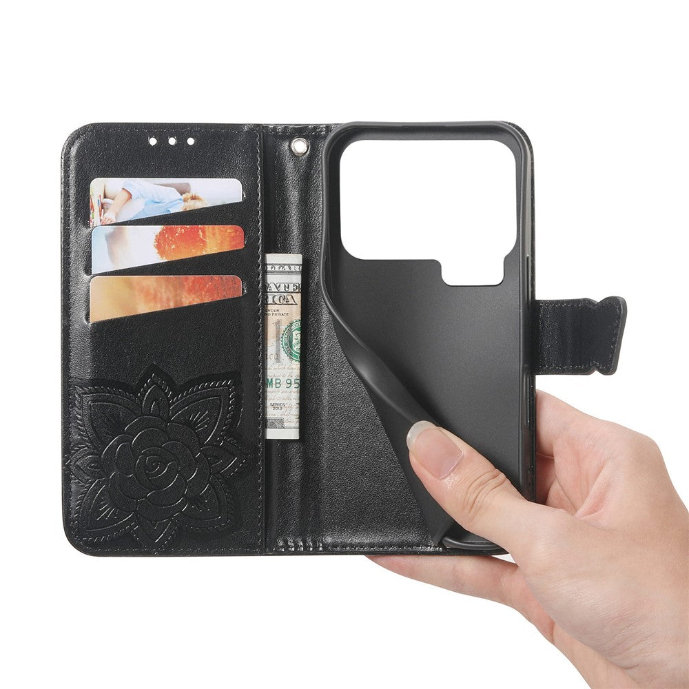 For Xiaomi 17 Pro Max Case 3D Rhinestone Decor Butterfly Flower Leather Phone Cover with Wrist Strap - Black