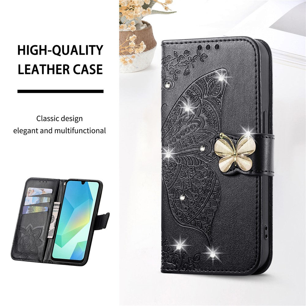 For Xiaomi 17 Pro Max Case 3D Rhinestone Decor Butterfly Flower Leather Phone Cover with Wrist Strap - Black