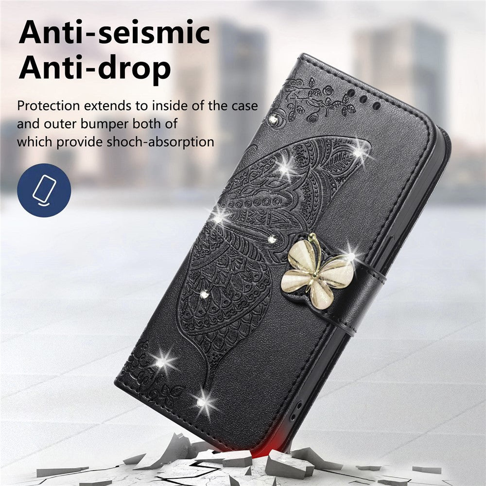 For Xiaomi 17 Pro Max Case 3D Rhinestone Decor Butterfly Flower Leather Phone Cover with Wrist Strap - Black