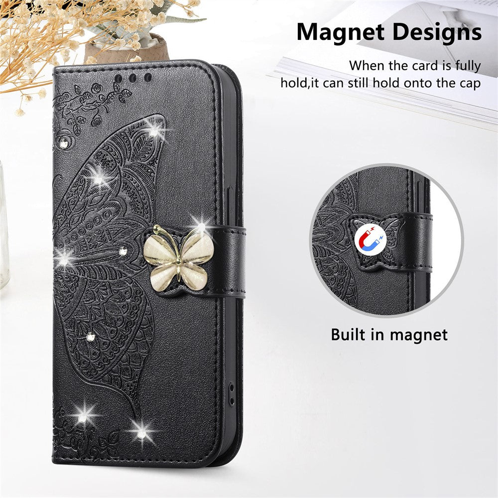 For Xiaomi 17 Pro Max Case 3D Rhinestone Decor Butterfly Flower Leather Phone Cover with Wrist Strap - Black
