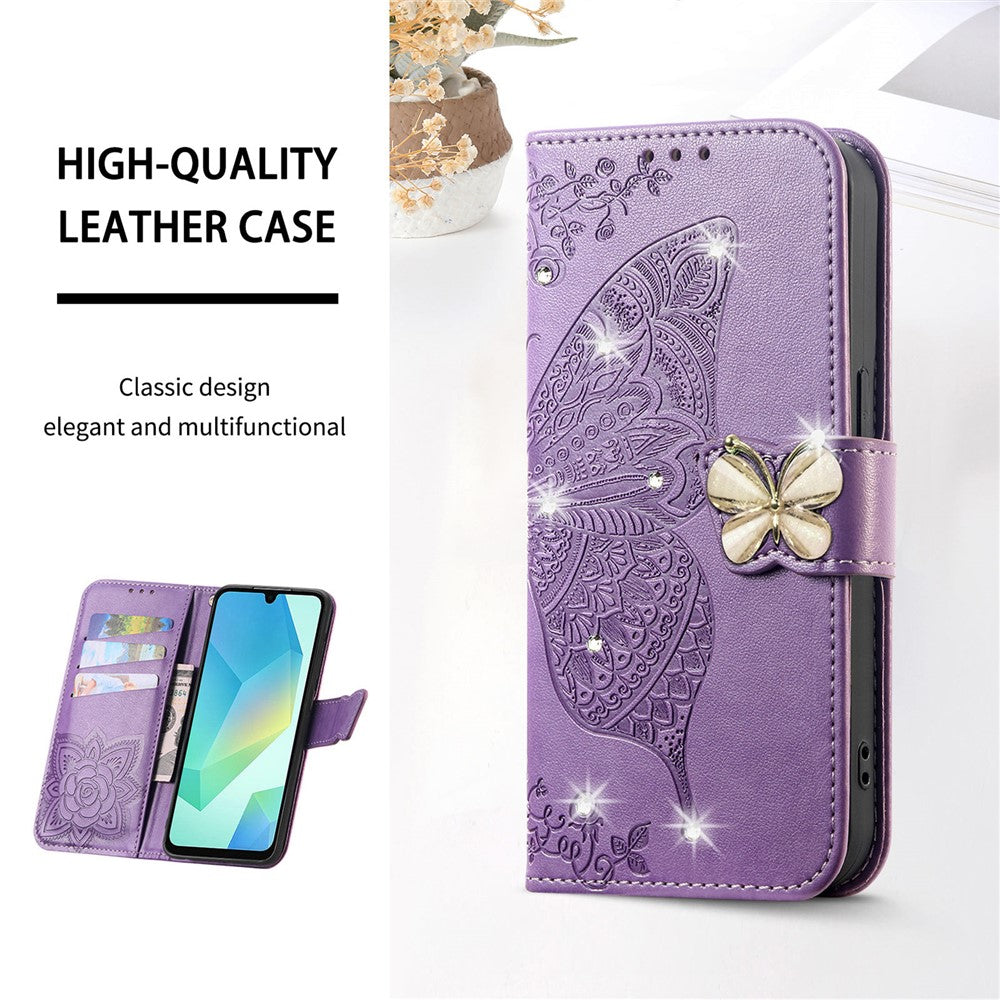 For Xiaomi 17 Pro Max Case 3D Rhinestone Decor Butterfly Flower Leather Phone Cover with Wrist Strap - Light Purple