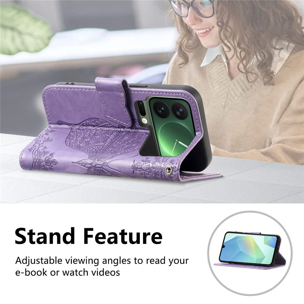 For Xiaomi 17 Pro Max Case 3D Rhinestone Decor Butterfly Flower Leather Phone Cover with Wrist Strap - Light Purple