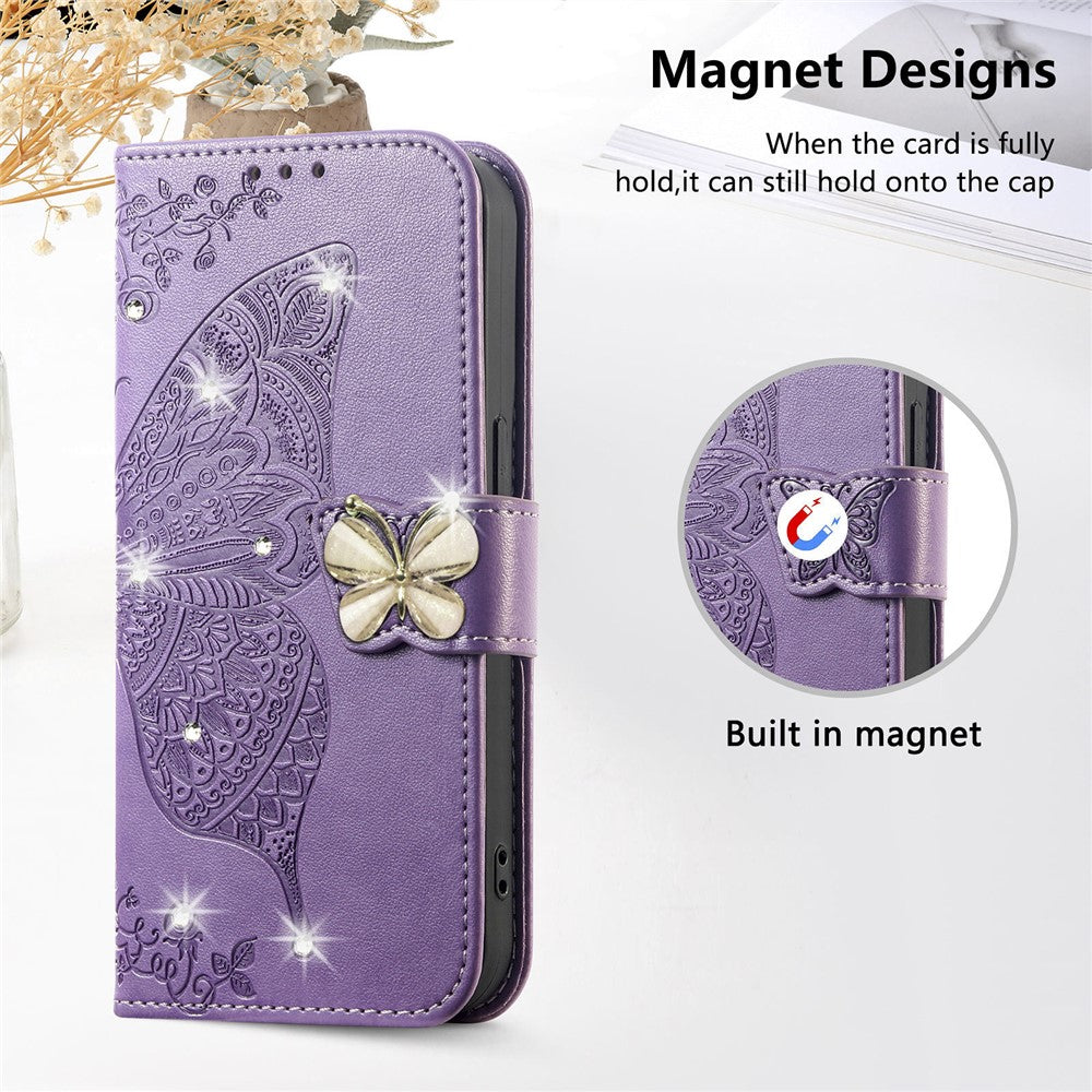 For Xiaomi 17 Pro Max Case 3D Rhinestone Decor Butterfly Flower Leather Phone Cover with Wrist Strap - Light Purple