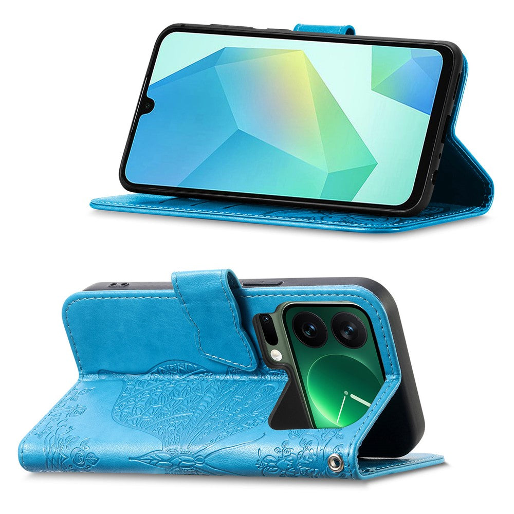 For Xiaomi 17 Pro Max Case 3D Rhinestone Decor Butterfly Flower Leather Phone Cover with Wrist Strap - Blue