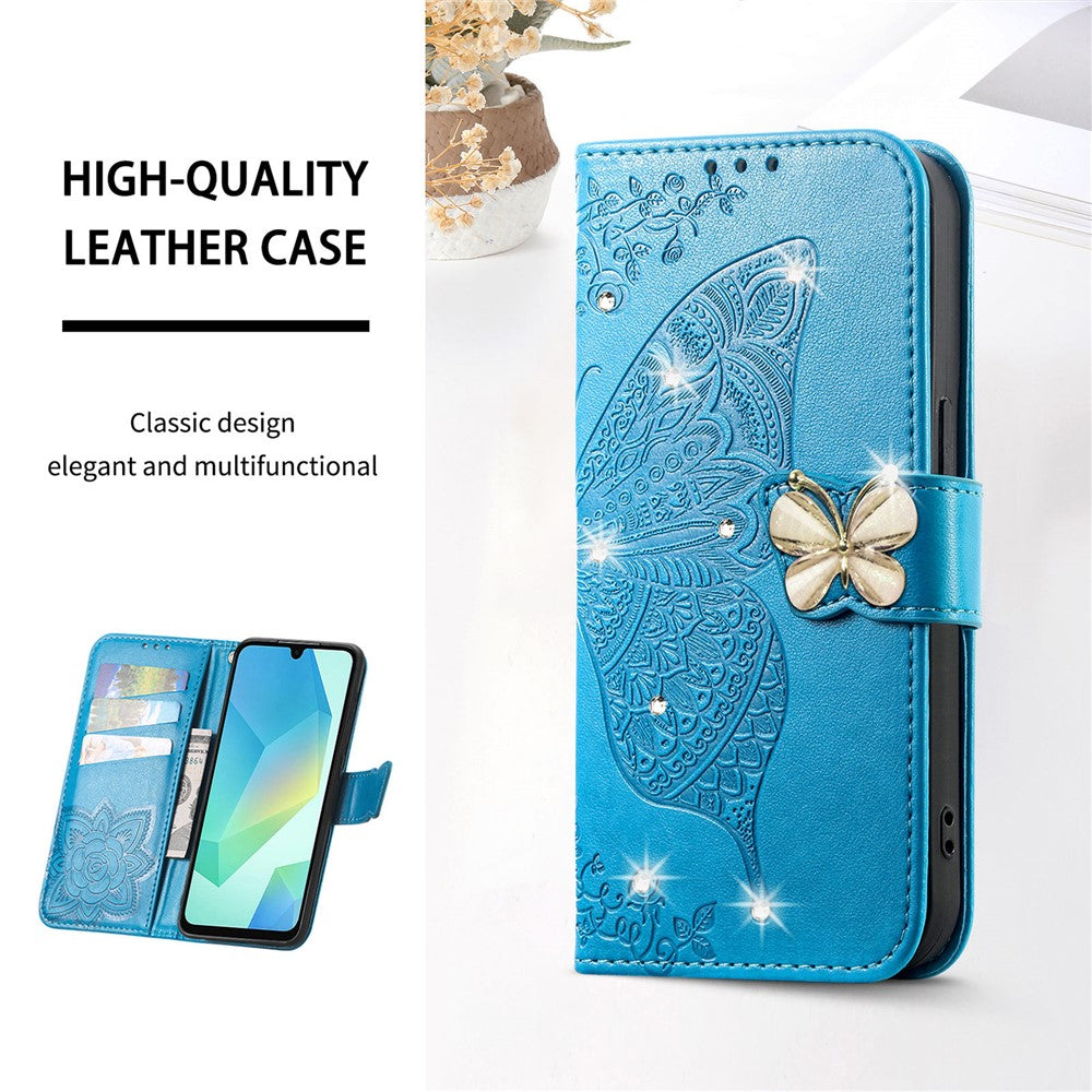 For Xiaomi 17 Pro Max Case 3D Rhinestone Decor Butterfly Flower Leather Phone Cover with Wrist Strap - Blue