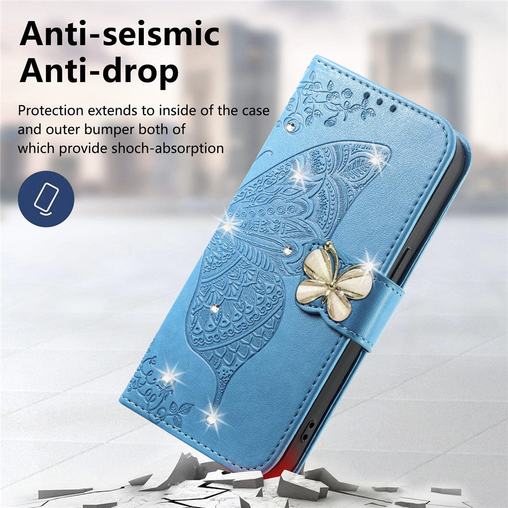 For Xiaomi 17 Pro Max Case 3D Rhinestone Decor Butterfly Flower Leather Phone Cover with Wrist Strap - Blue