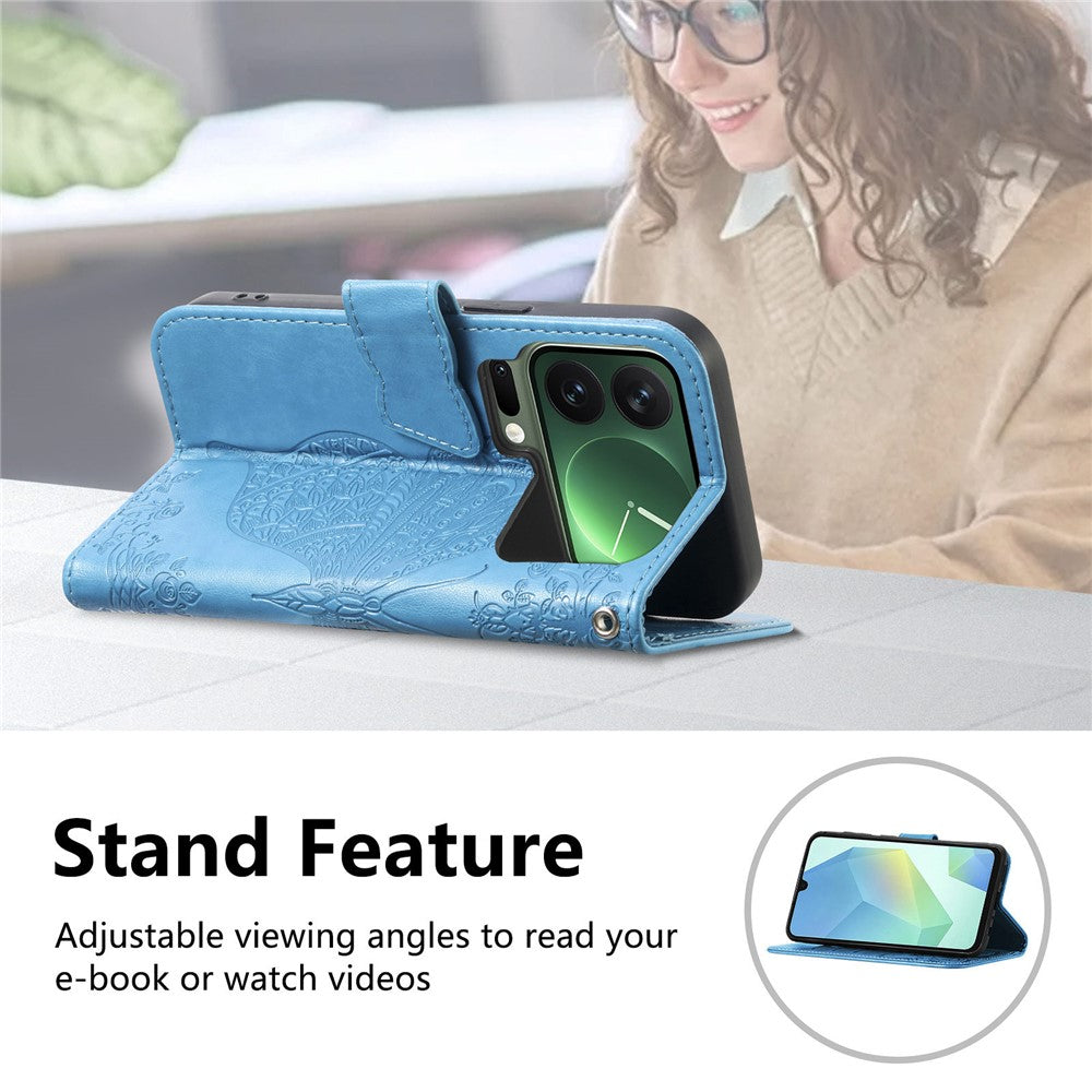 For Xiaomi 17 Pro Max Case 3D Rhinestone Decor Butterfly Flower Leather Phone Cover with Wrist Strap - Blue
