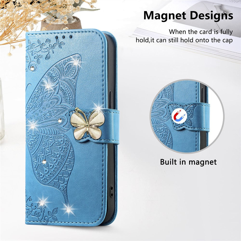 For Xiaomi 17 Pro Max Case 3D Rhinestone Decor Butterfly Flower Leather Phone Cover with Wrist Strap - Blue