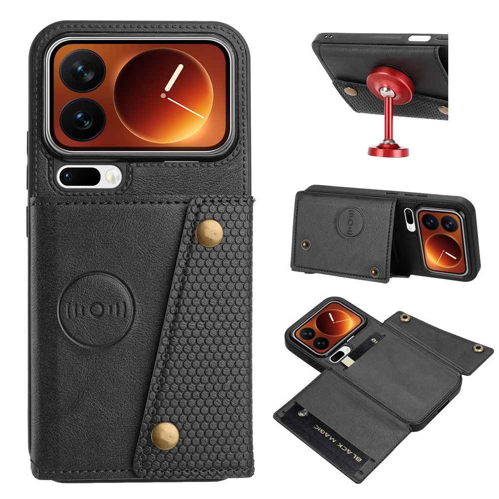 For Xiaomi 17 Pro Case with Card Slots Kickstand Leather + TPU Phone Cover - Black