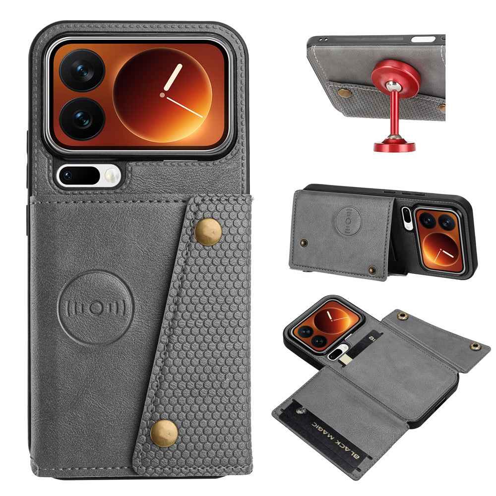 For Xiaomi 17 Pro Case with Card Slots Kickstand Leather + TPU Phone Cover - Grey