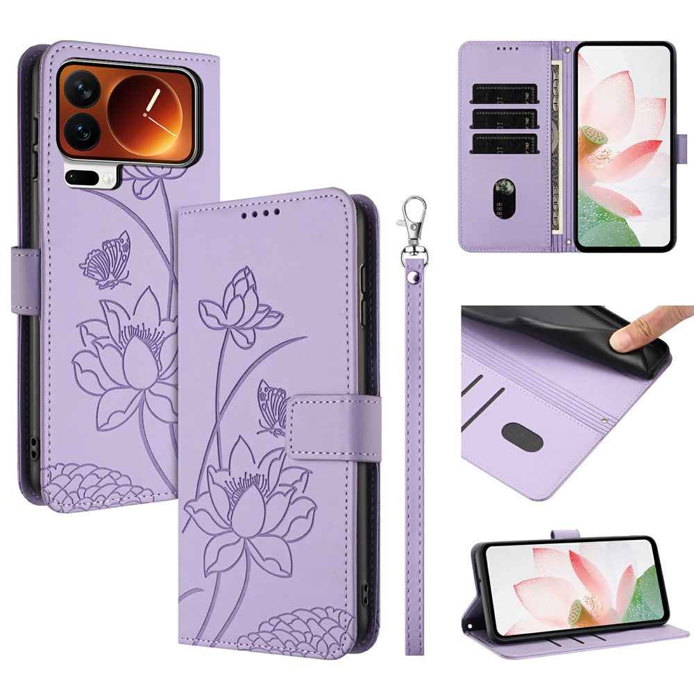 For Xiaomi 17 Pro Case Wallet Stand Lotus Imprint Leather Phone Cover with Wrist Strap - Purple