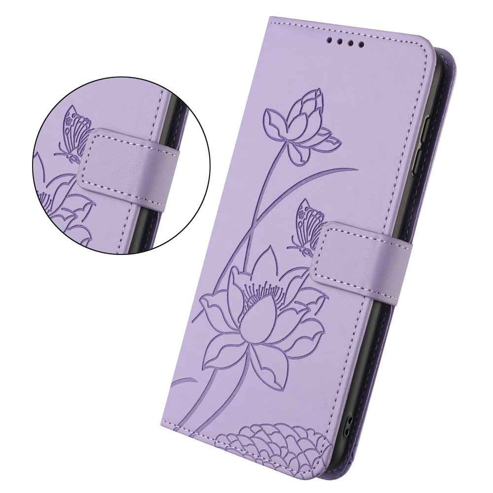 For Xiaomi 17 Pro Case Wallet Stand Lotus Imprint Leather Phone Cover with Wrist Strap - Purple