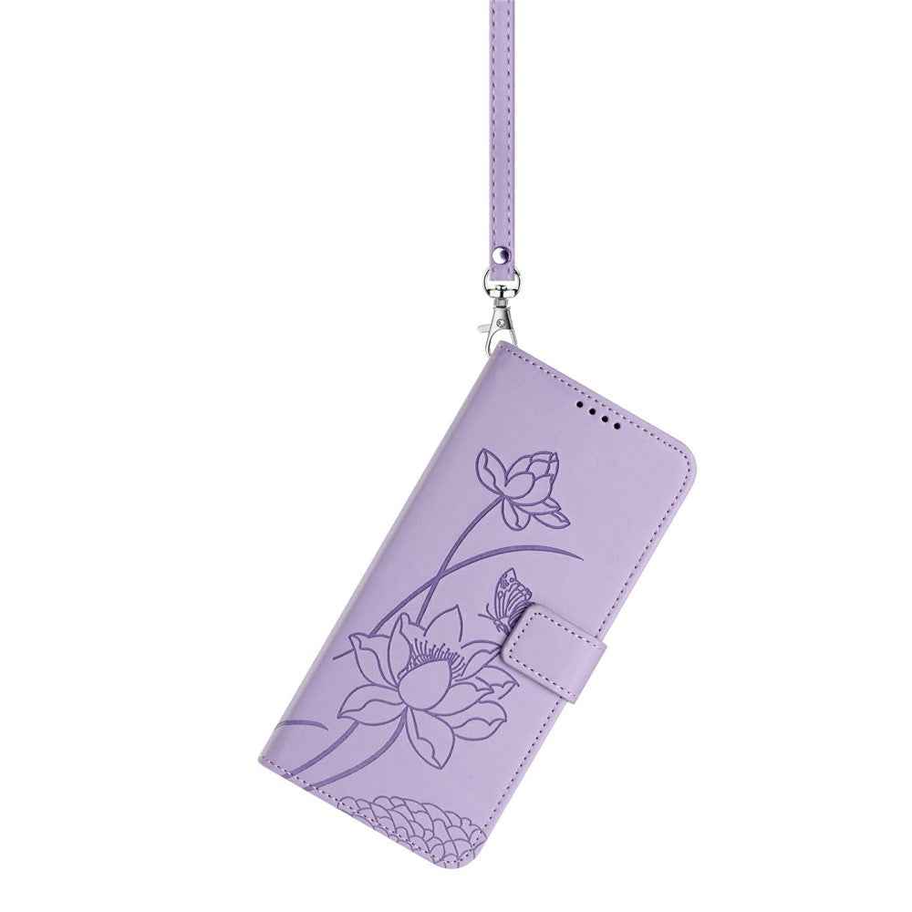 For Xiaomi 17 Pro Case Wallet Stand Lotus Imprint Leather Phone Cover with Wrist Strap - Purple
