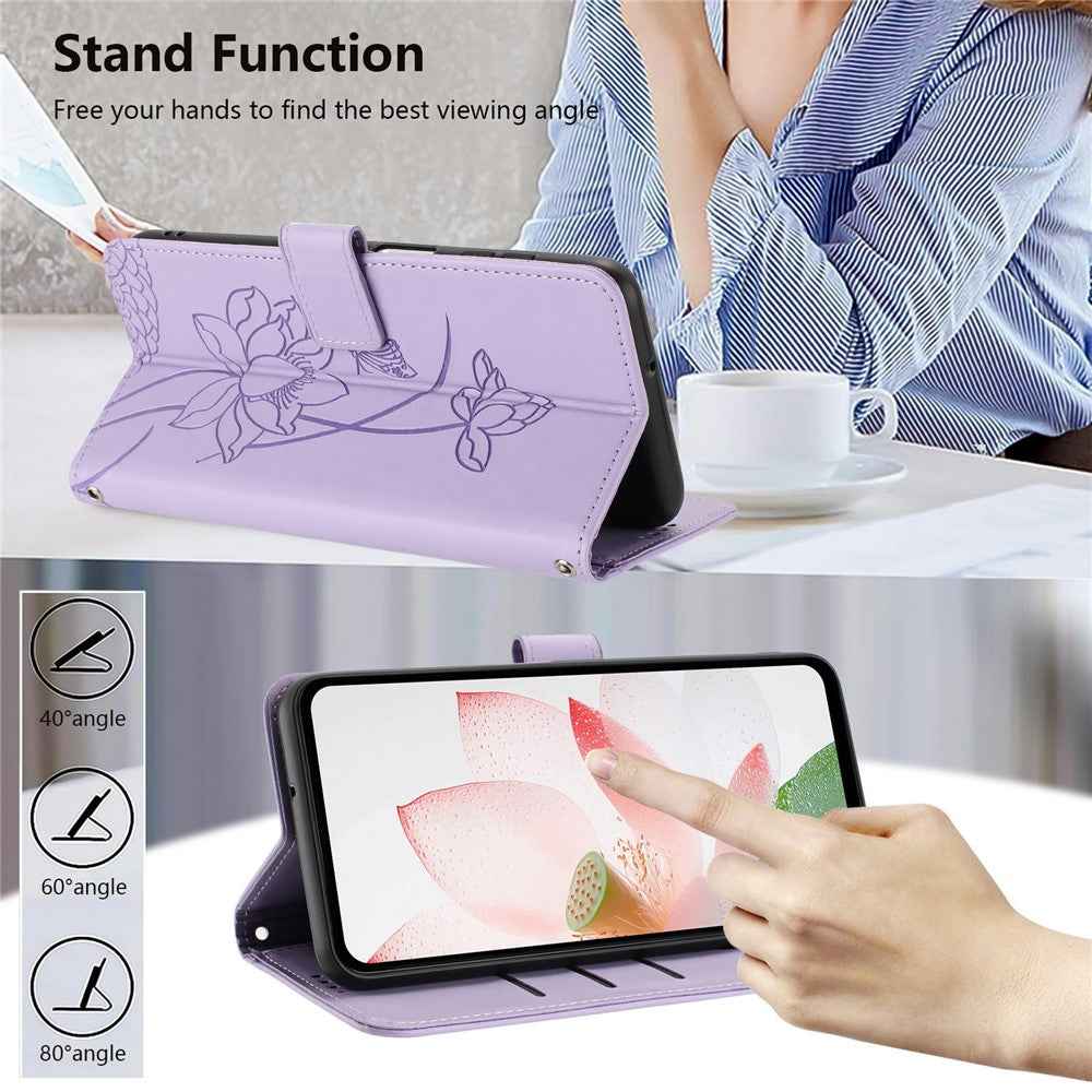 For Xiaomi 17 Pro Case Wallet Stand Lotus Imprint Leather Phone Cover with Wrist Strap - Purple