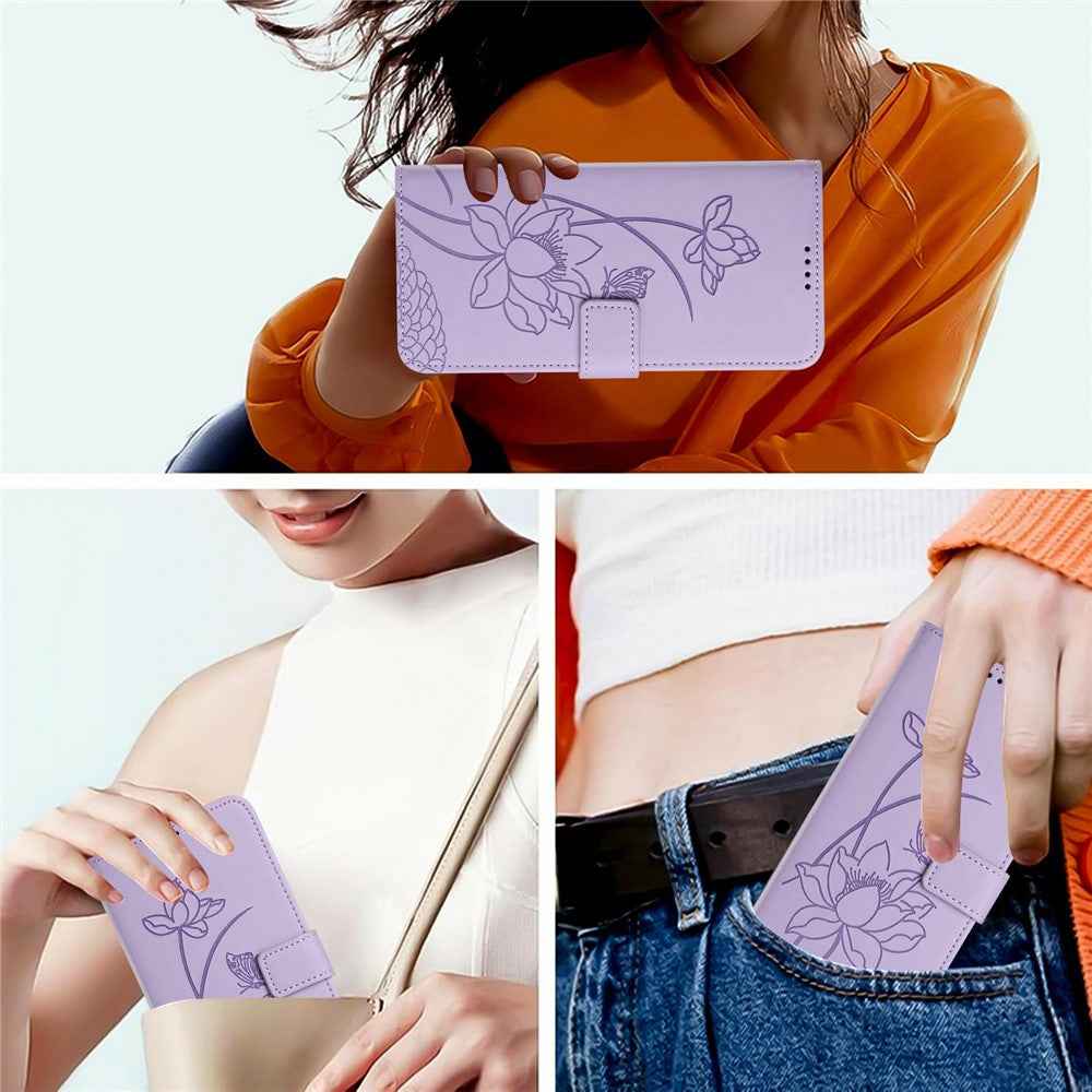 For Xiaomi 17 Pro Case Wallet Stand Lotus Imprint Leather Phone Cover with Wrist Strap - Purple