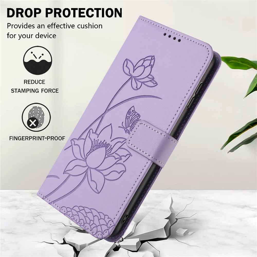 For Xiaomi 17 Pro Case Wallet Stand Lotus Imprint Leather Phone Cover with Wrist Strap - Purple