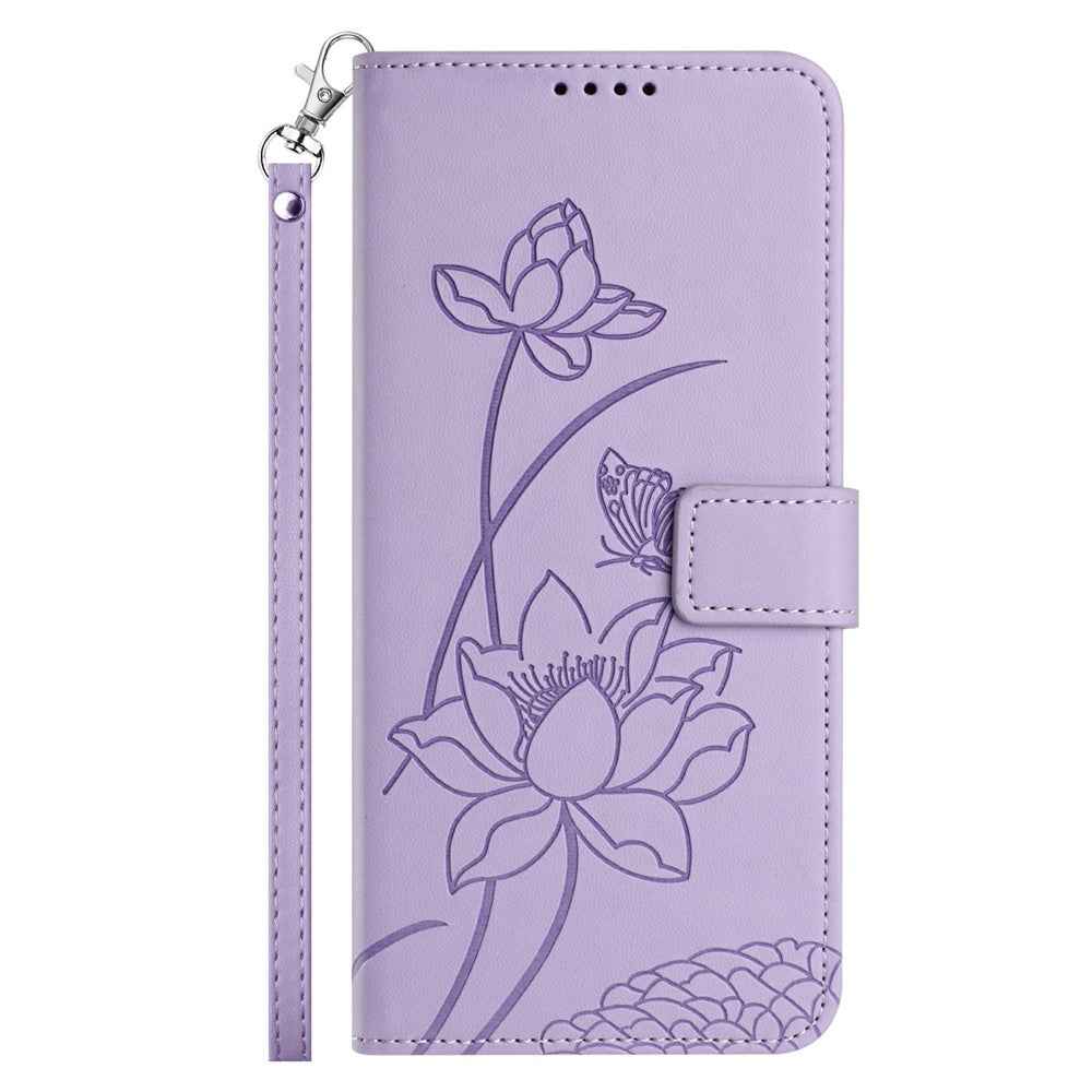 For Xiaomi 17 Pro Case Wallet Stand Lotus Imprint Leather Phone Cover with Wrist Strap - Purple