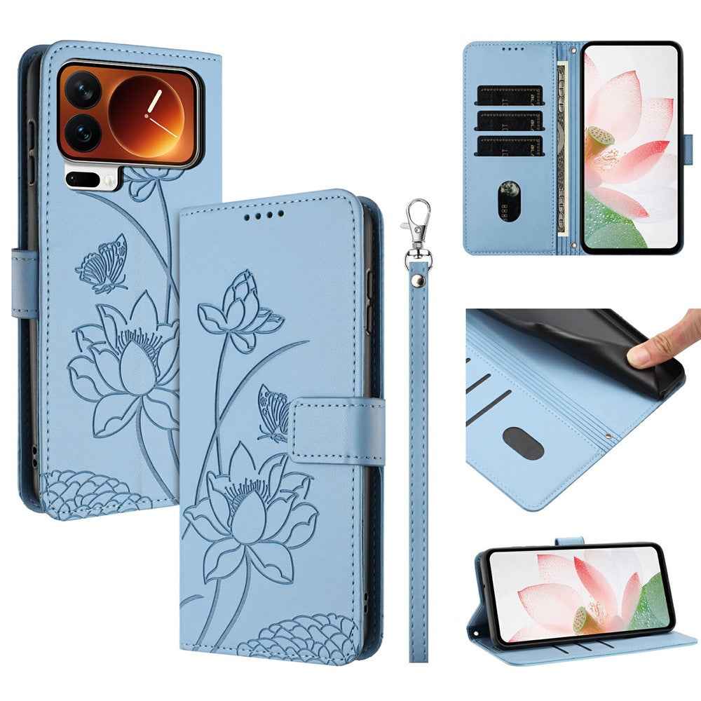 For Xiaomi 17 Pro Case Wallet Stand Lotus Imprint Leather Phone Cover with Wrist Strap - Blue