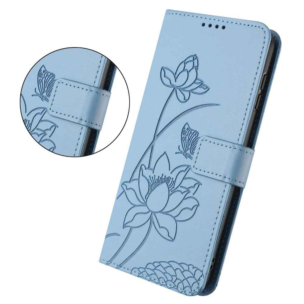 For Xiaomi 17 Pro Case Wallet Stand Lotus Imprint Leather Phone Cover with Wrist Strap - Blue