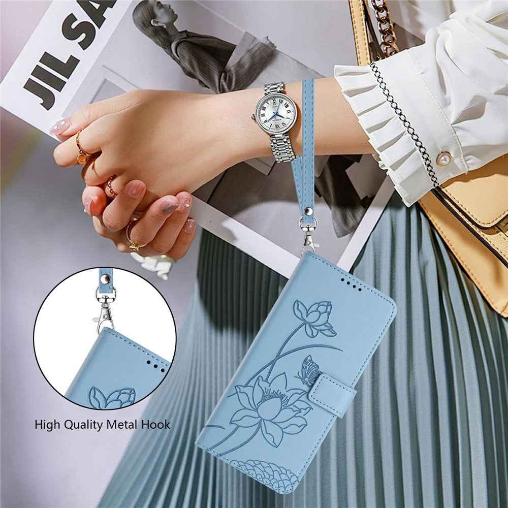 For Xiaomi 17 Pro Case Wallet Stand Lotus Imprint Leather Phone Cover with Wrist Strap - Blue