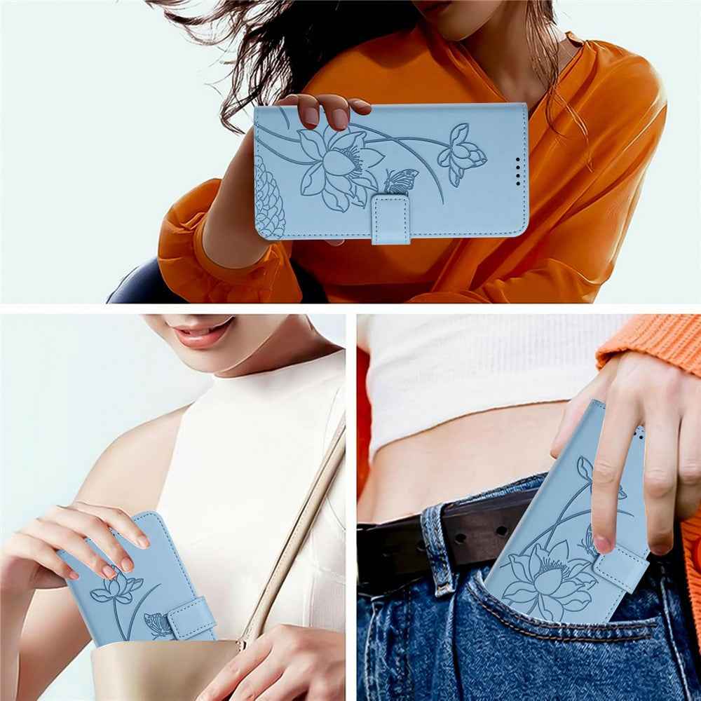 For Xiaomi 17 Pro Case Wallet Stand Lotus Imprint Leather Phone Cover with Wrist Strap - Blue