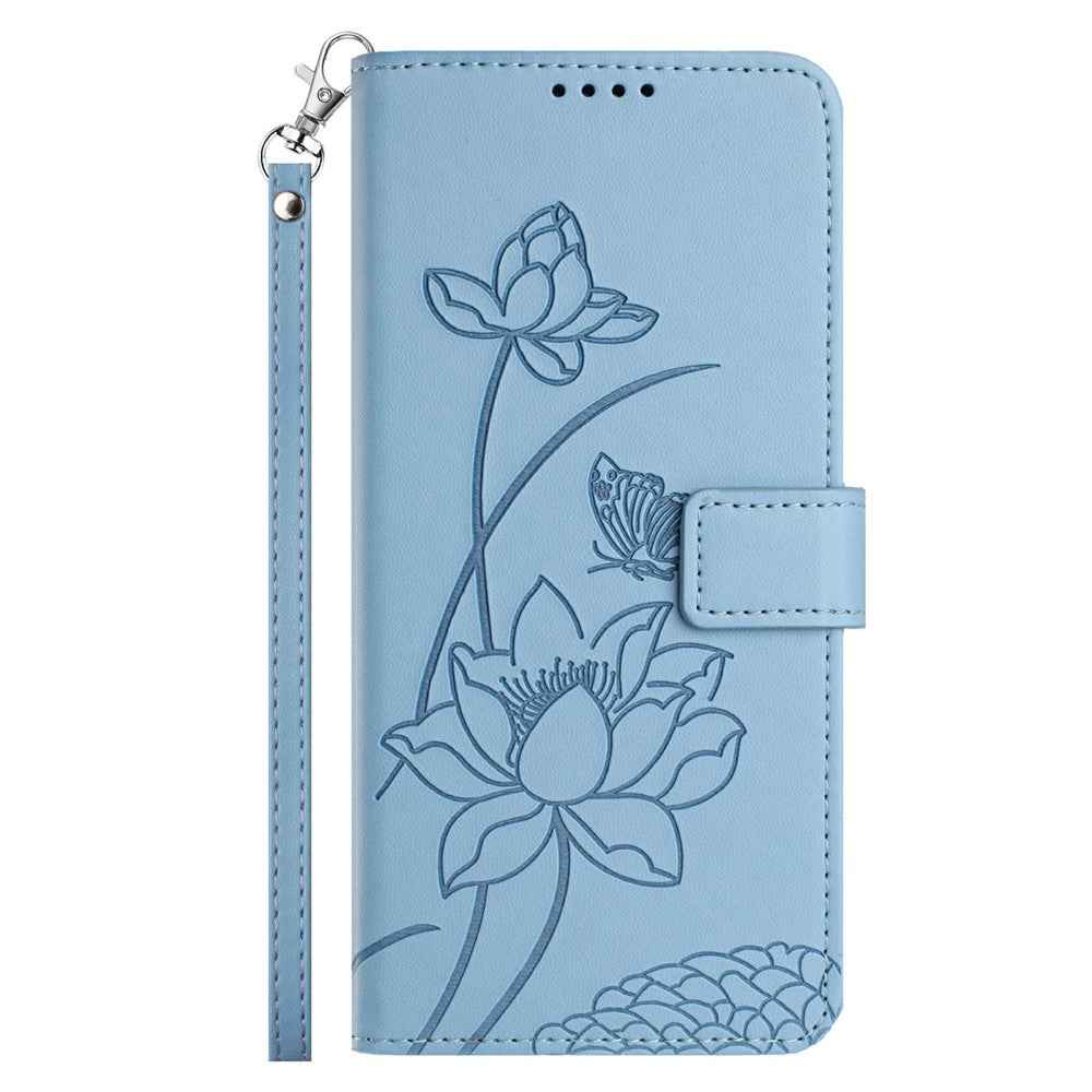For Xiaomi 17 Pro Case Wallet Stand Lotus Imprint Leather Phone Cover with Wrist Strap - Blue