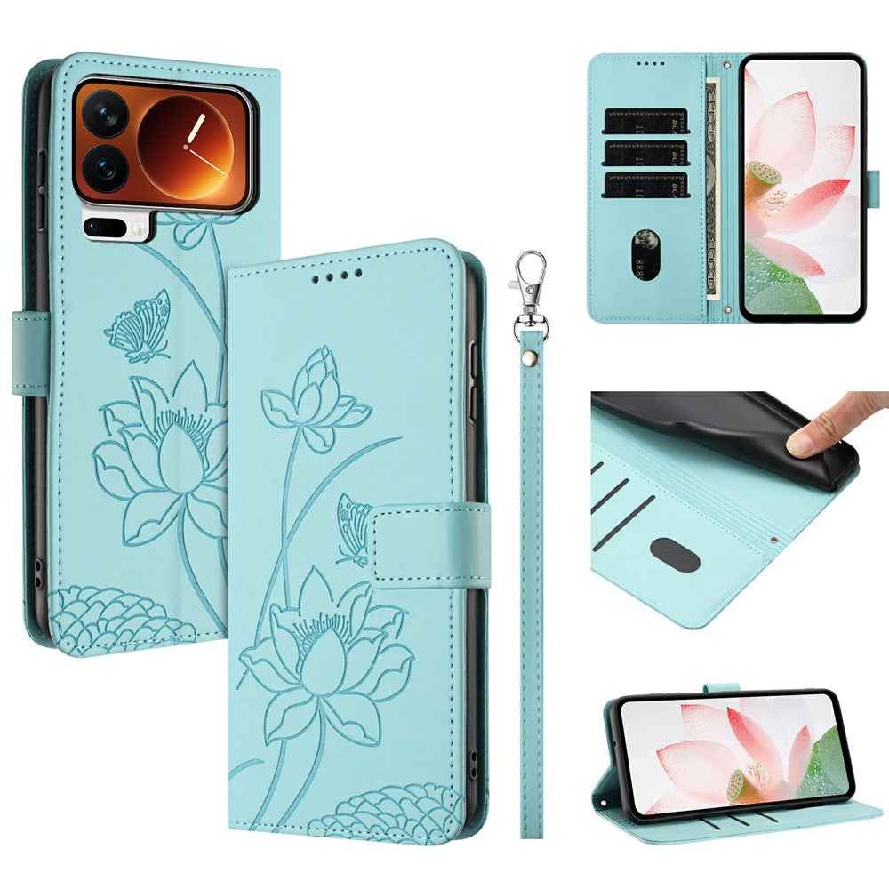 For Xiaomi 17 Pro Case Wallet Stand Lotus Imprint Leather Phone Cover with Wrist Strap - Green