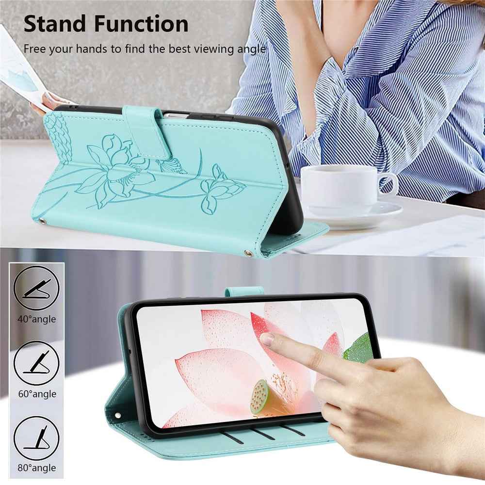For Xiaomi 17 Pro Case Wallet Stand Lotus Imprint Leather Phone Cover with Wrist Strap - Green