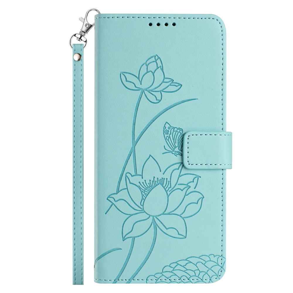 For Xiaomi 17 Pro Case Wallet Stand Lotus Imprint Leather Phone Cover with Wrist Strap - Green