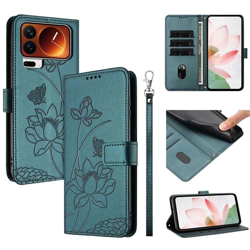 For Xiaomi 17 Pro Case Wallet Stand Lotus Imprint Leather Phone Cover with Wrist Strap - Dark Green