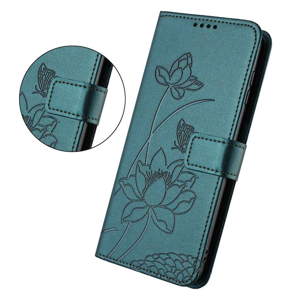 For Xiaomi 17 Pro Case Wallet Stand Lotus Imprint Leather Phone Cover with Wrist Strap - Dark Green