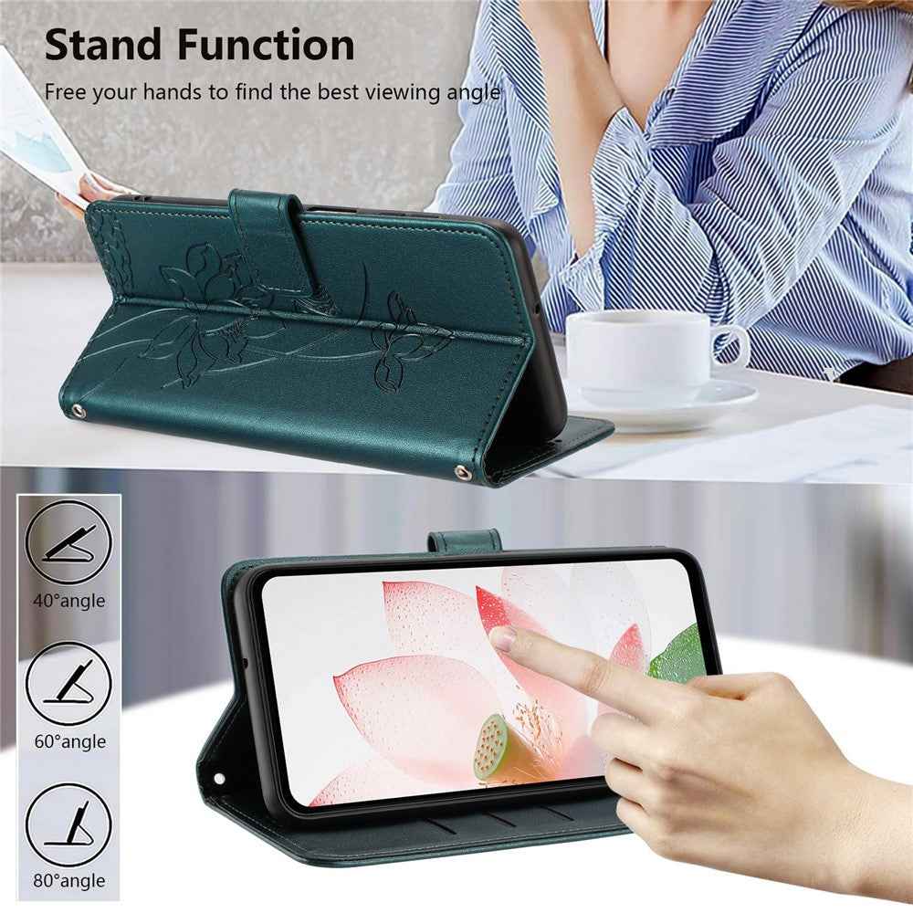 For Xiaomi 17 Pro Case Wallet Stand Lotus Imprint Leather Phone Cover with Wrist Strap - Dark Green