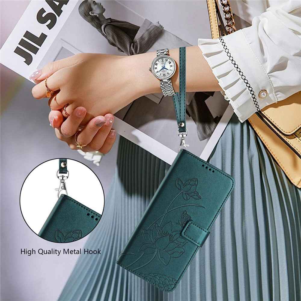 For Xiaomi 17 Pro Case Wallet Stand Lotus Imprint Leather Phone Cover with Wrist Strap - Dark Green