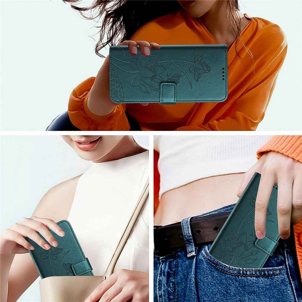 For Xiaomi 17 Pro Case Wallet Stand Lotus Imprint Leather Phone Cover with Wrist Strap - Dark Green