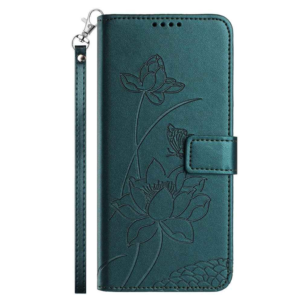 For Xiaomi 17 Pro Case Wallet Stand Lotus Imprint Leather Phone Cover with Wrist Strap - Dark Green