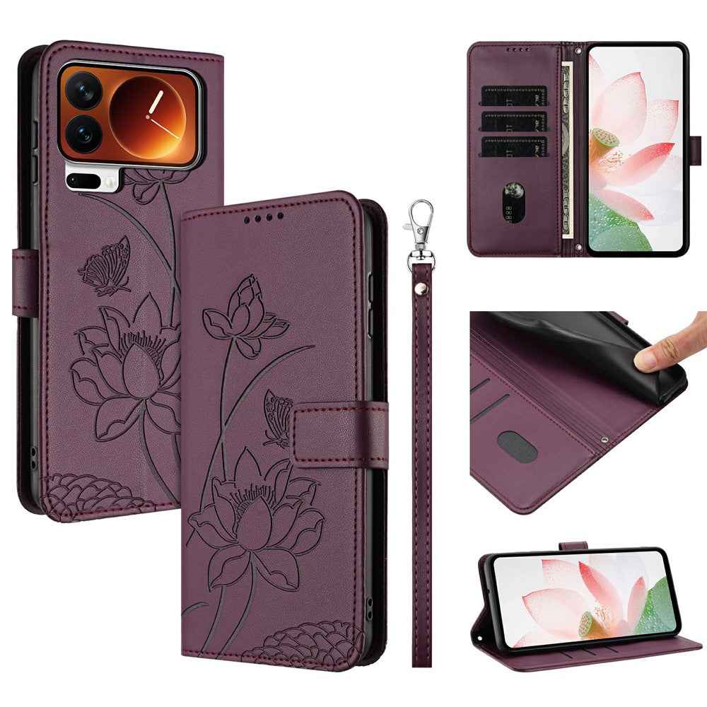 For Xiaomi 17 Pro Case Wallet Stand Lotus Imprint Leather Phone Cover with Wrist Strap - Wine Red