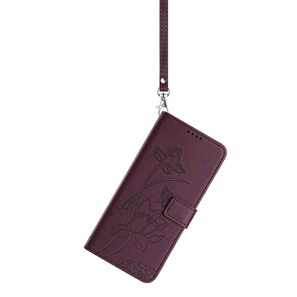For Xiaomi 17 Pro Case Wallet Stand Lotus Imprint Leather Phone Cover with Wrist Strap - Wine Red