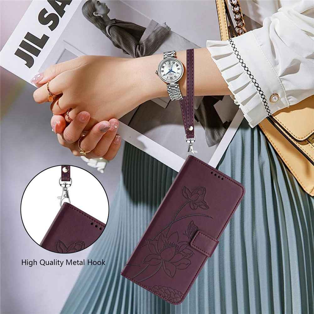For Xiaomi 17 Pro Case Wallet Stand Lotus Imprint Leather Phone Cover with Wrist Strap - Wine Red
