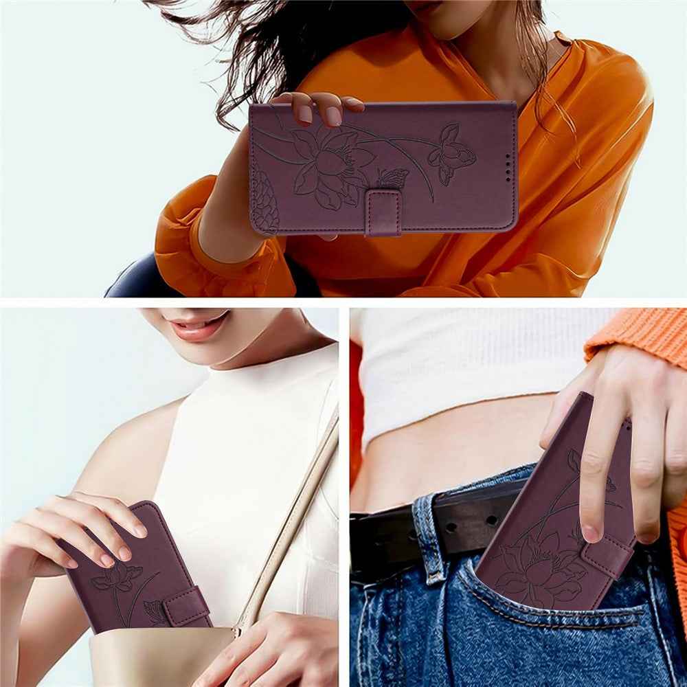 For Xiaomi 17 Pro Case Wallet Stand Lotus Imprint Leather Phone Cover with Wrist Strap - Wine Red