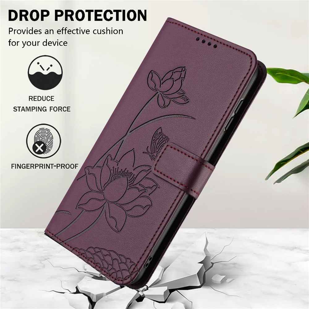 For Xiaomi 17 Pro Case Wallet Stand Lotus Imprint Leather Phone Cover with Wrist Strap - Wine Red