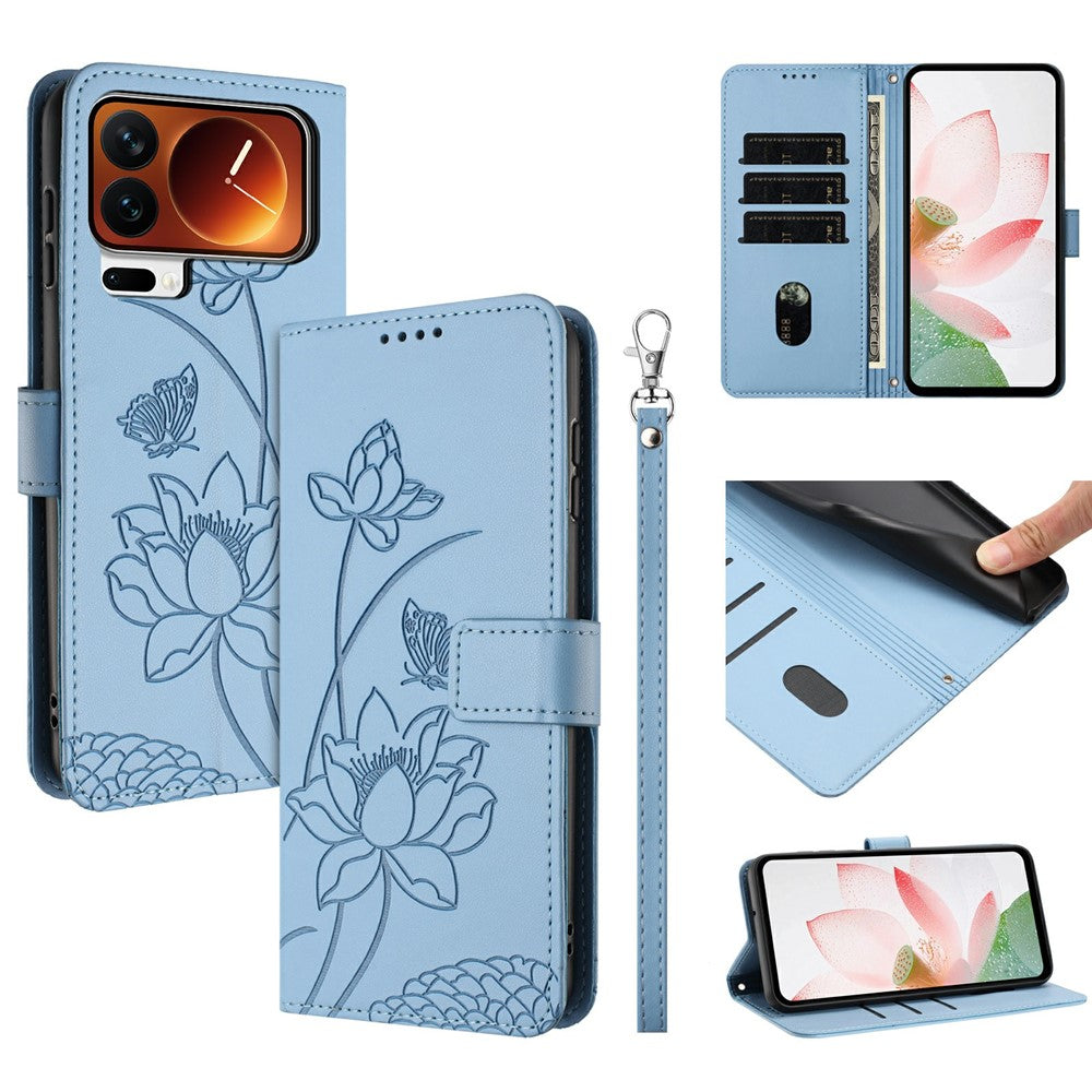 For Xiaomi 17 Pro Max Case Wallet Stand Lotus Imprint Leather Phone Cover with Wrist Strap - Blue