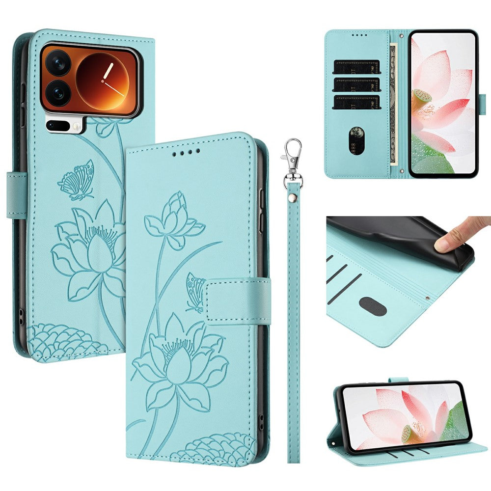 For Xiaomi 17 Pro Max Case Wallet Stand Lotus Imprint Leather Phone Cover with Wrist Strap - Green