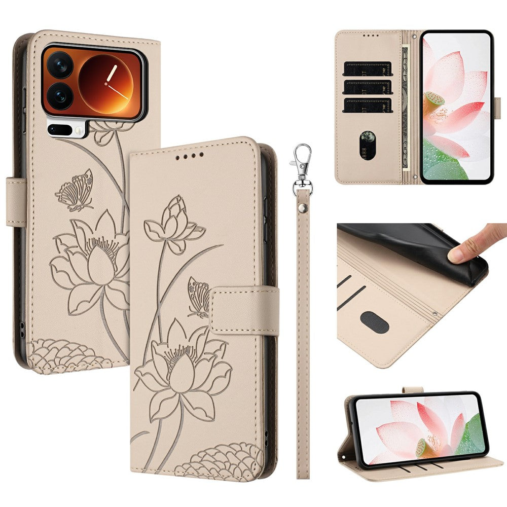 For Xiaomi 17 Pro Max Case Wallet Stand Lotus Imprint Leather Phone Cover with Wrist Strap - Beige