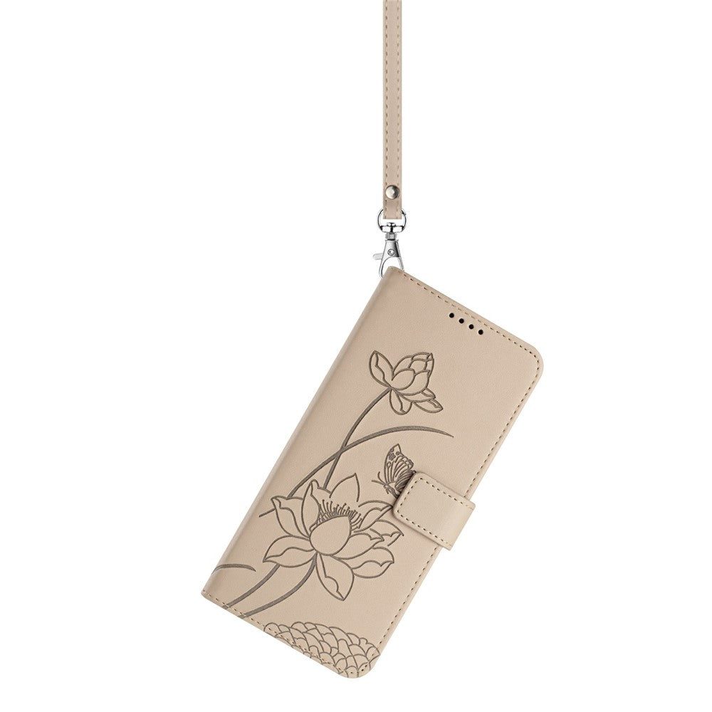 For Xiaomi 17 Pro Max Case Wallet Stand Lotus Imprint Leather Phone Cover with Wrist Strap - Beige