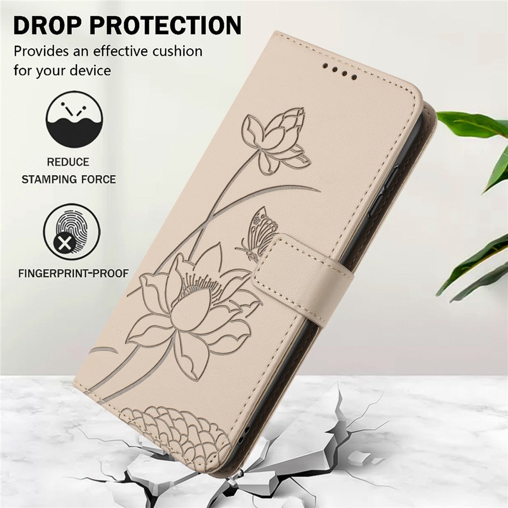 For Xiaomi 17 Pro Max Case Wallet Stand Lotus Imprint Leather Phone Cover with Wrist Strap - Beige