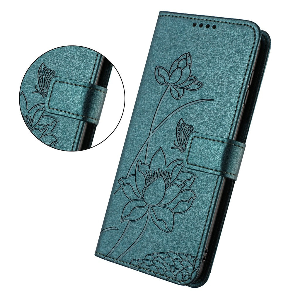 For Xiaomi 17 Pro Max Case Wallet Stand Lotus Imprint Leather Phone Cover with Wrist Strap - Dark Green