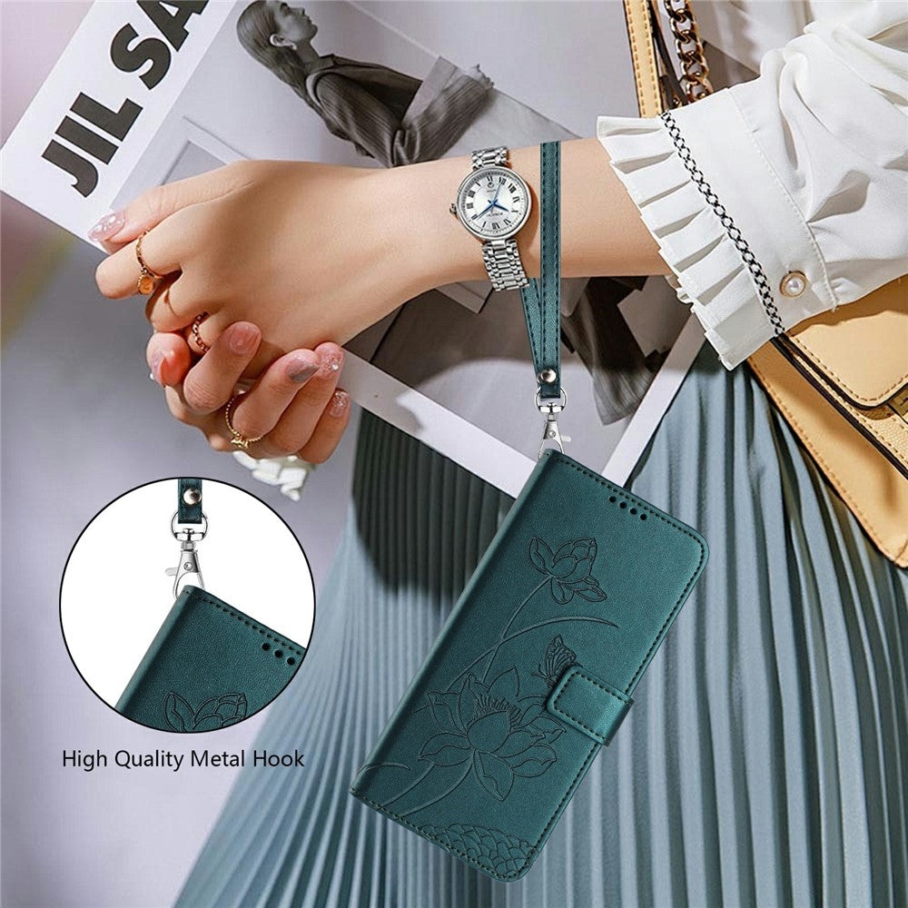 For Xiaomi 17 Pro Max Case Wallet Stand Lotus Imprint Leather Phone Cover with Wrist Strap - Dark Green