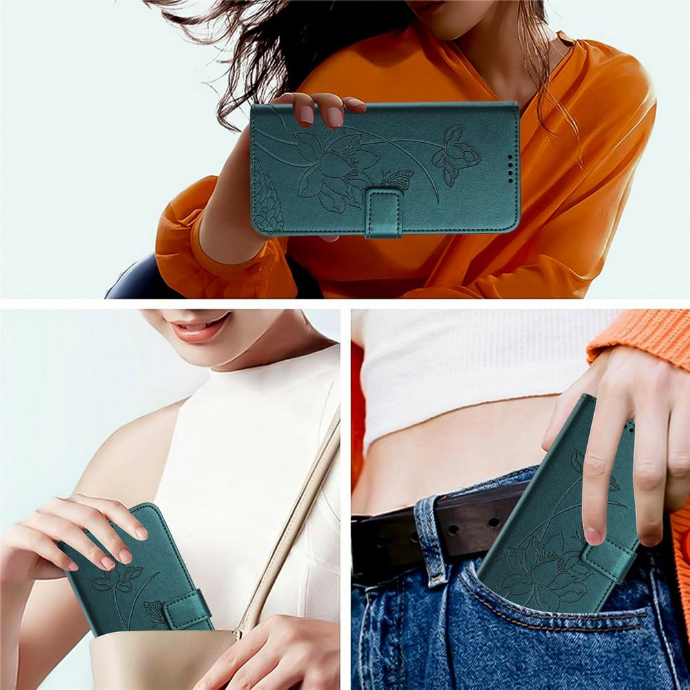 For Xiaomi 17 Pro Max Case Wallet Stand Lotus Imprint Leather Phone Cover with Wrist Strap - Dark Green
