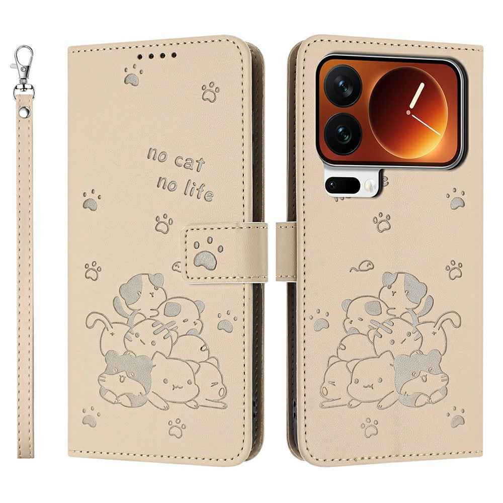 For Xiaomi 17 Pro Wallet Case Cats Imprint Leather Phone Cover with Strap - Beige