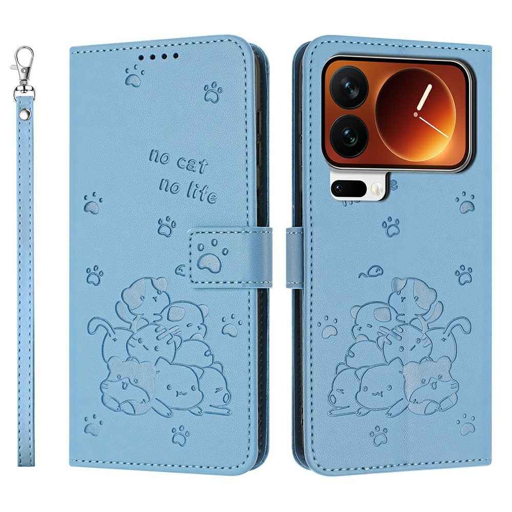 For Xiaomi 17 Pro Wallet Case Cats Imprint Leather Phone Cover with Strap - Blue